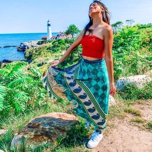 Double face green maxi skirt- asymmetrical